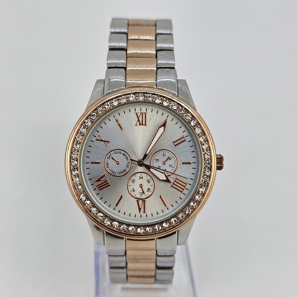38MM Women's Watch Gray Dial Two Tone Bracelet Band 7" New‎ Battery